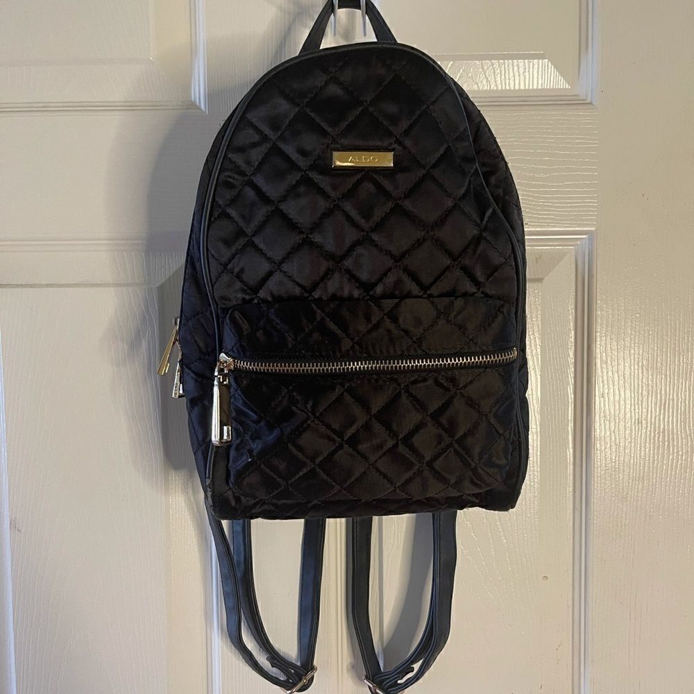 Aldo black satin quilted small backpack pre owned